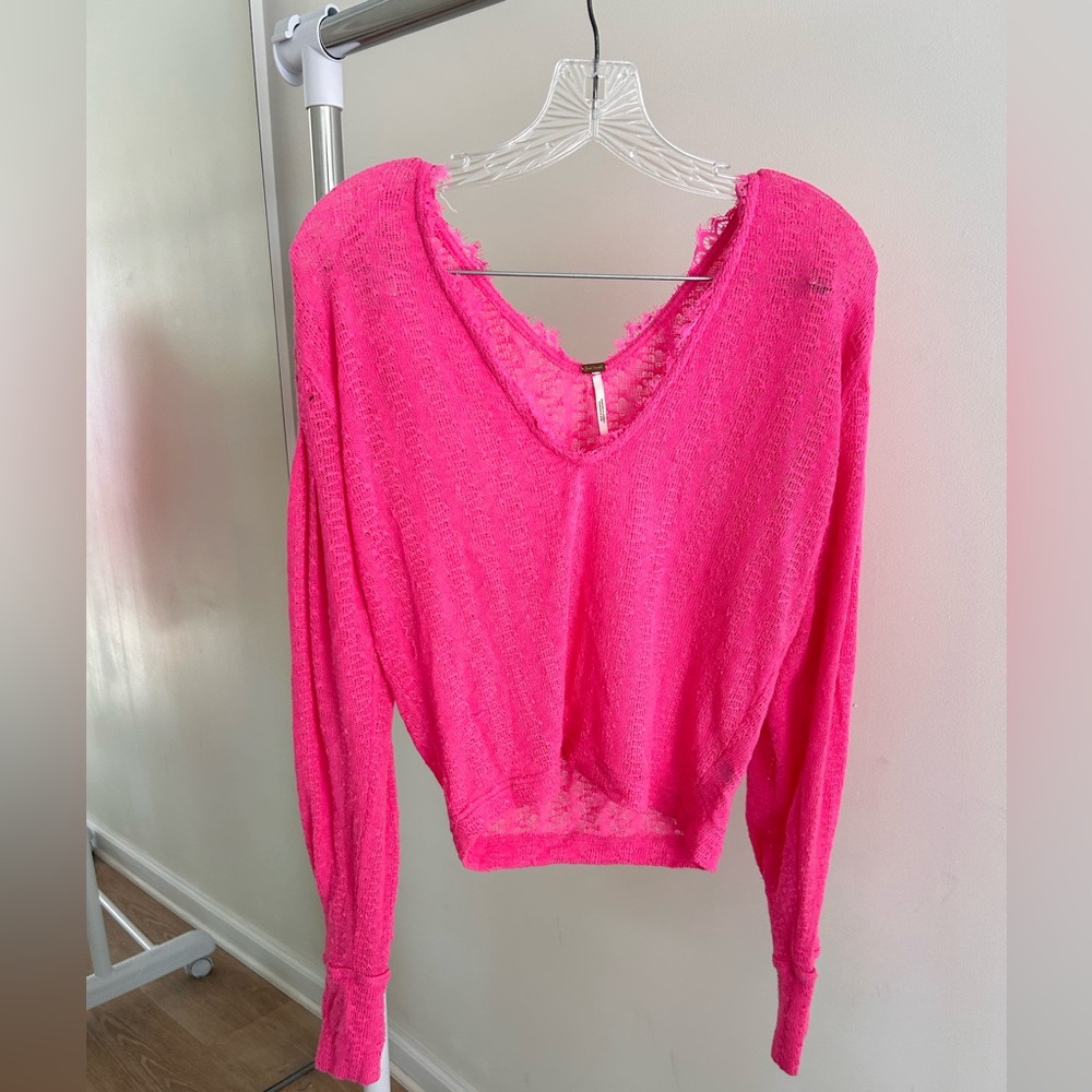 Free People Hot Pink Lace V-Neck Top